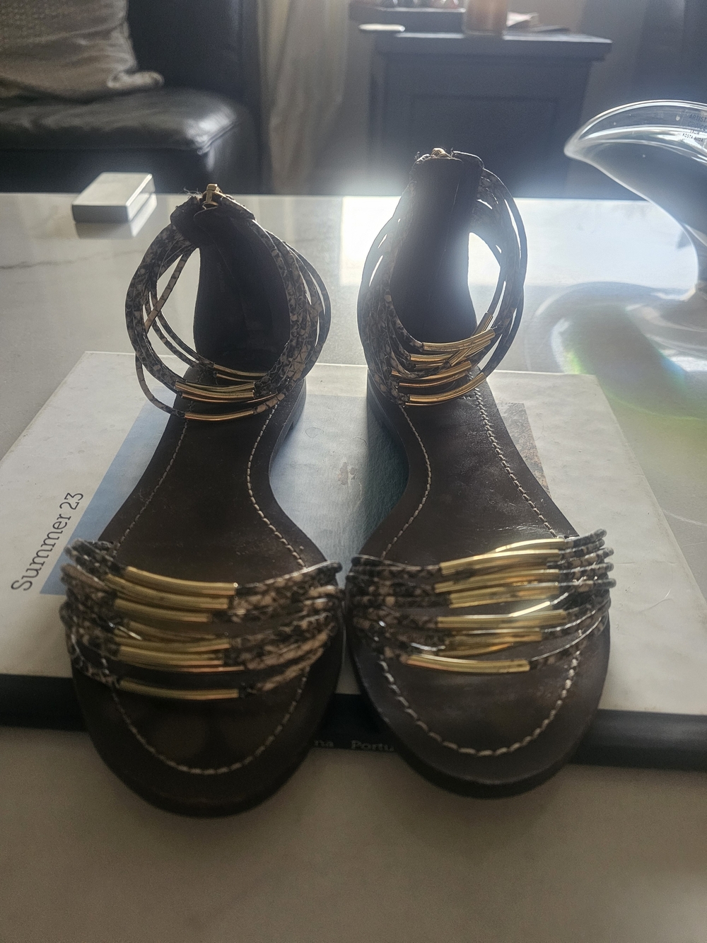 Tory BURCH Women's Brown Ankle-Strap Sandals with Gold & Snake Accent